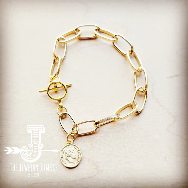 Gold Link Bracelet with Matte Gold Coin Dangle