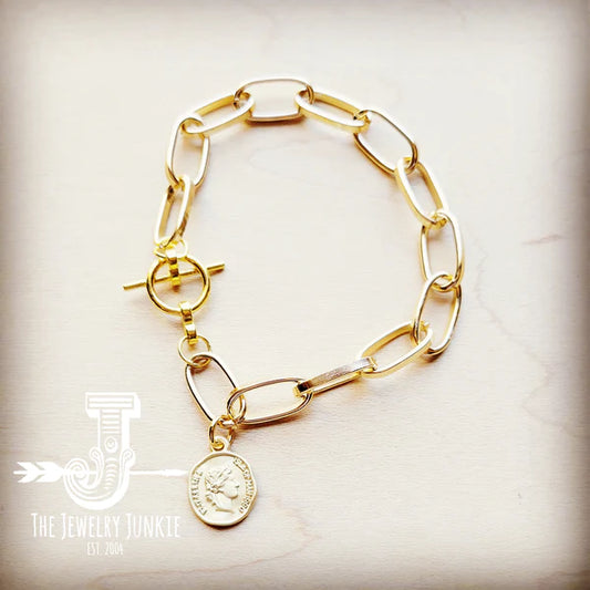 Gold Link Bracelet with Matte Gold Coin Dangle