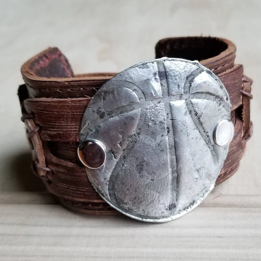 Molten Metal Basketball Distressed Leather Cuff - Amethyst & Opal