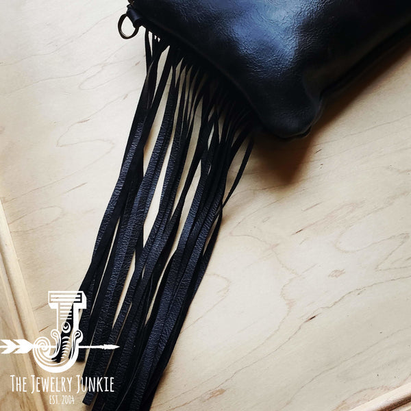 Black Leather Clutch Handbag With Leather Fringe - Amethyst & Opal
