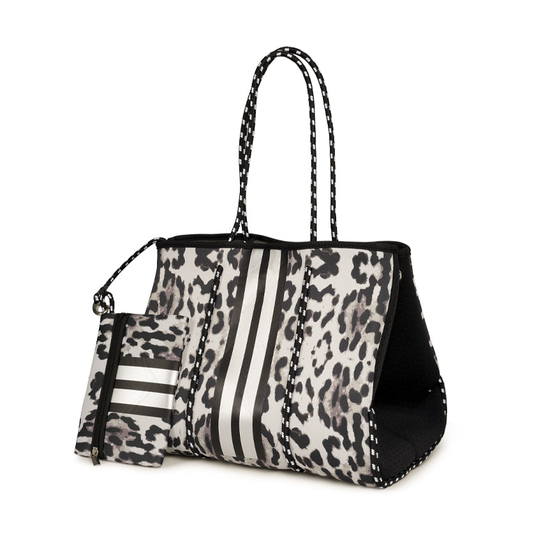 BLACK & WHITE LEOPARD NEOPRENE TOTE WITH DETACHABLE WRISTLET POUCH - Amethyst & Opal