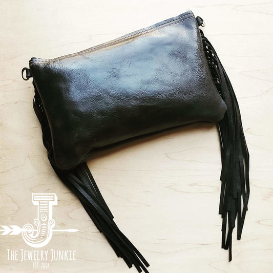Black Leather Clutch Handbag With Leather Fringe - Amethyst & Opal