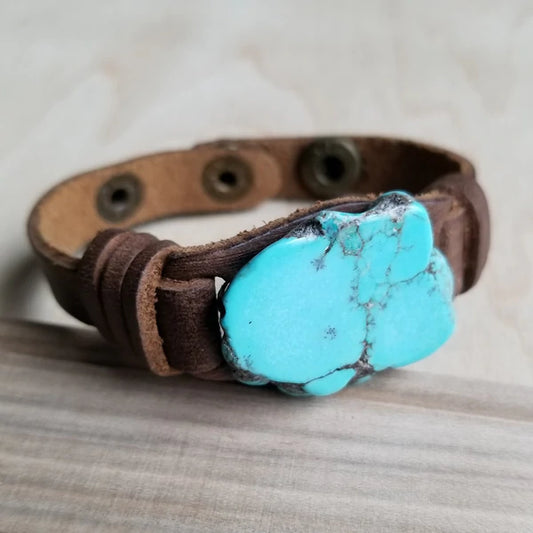 Narrow Leather Cuff with Blue Turquoise Slab - Amethyst & Opal