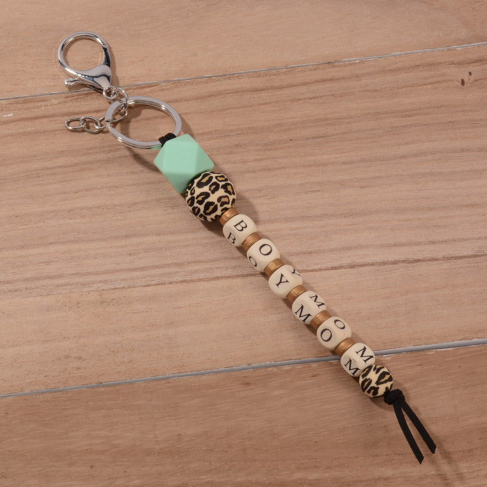 BLUE LEOPARD BEADED BOYMOM KEYCHAIN - Amethyst & Opal
