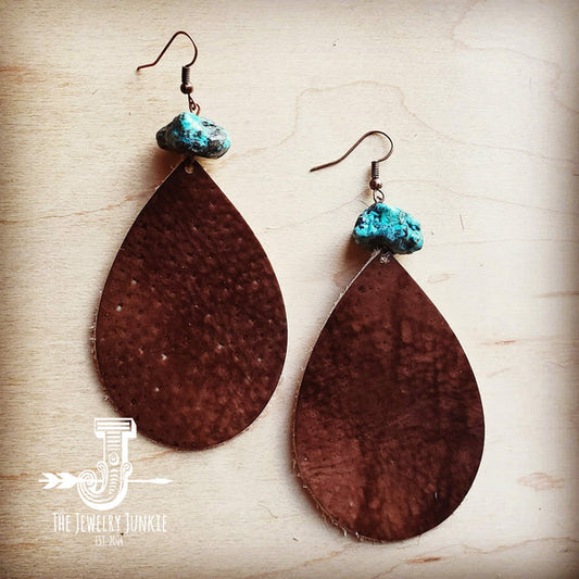Leather Teardrop Earrings in Brown with Natural Turquoise Chunk - Amethyst & Opal