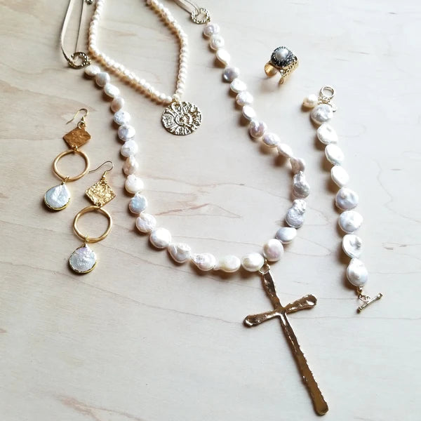 Brushed Gold Freshwater Pearl Dangle Earrings - Amethyst & Opal