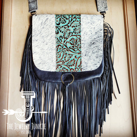 Leather Crossbody Handbag w/ Hair on Hide Flap Cowboy Accent - Amethyst & Opal