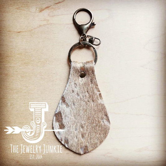 Authentic Leather Hair-On Keychain CREAM & GOLD - Amethyst & Opal