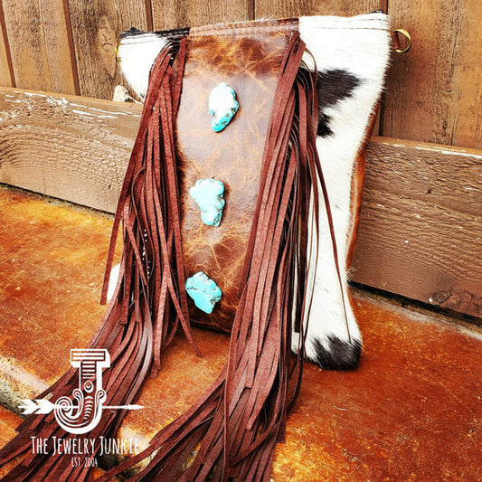 Crossbody Handbag w/ Brown Fringe & Turquoise Slabs - Amethyst & Opal