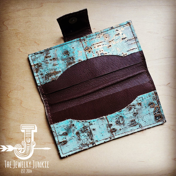 Embossed Leather Wallet in Turquoise Metallic w/ Snap - Amethyst & Opal