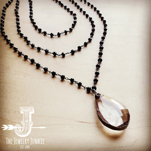 Faceted Glass Beaded Triple Strand Layering Necklace w/ Pendant - Amethyst & Opal