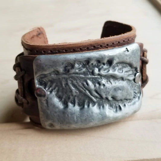 Molten Metal Large Feather Cuff in Antique Silver - Amethyst & Opal