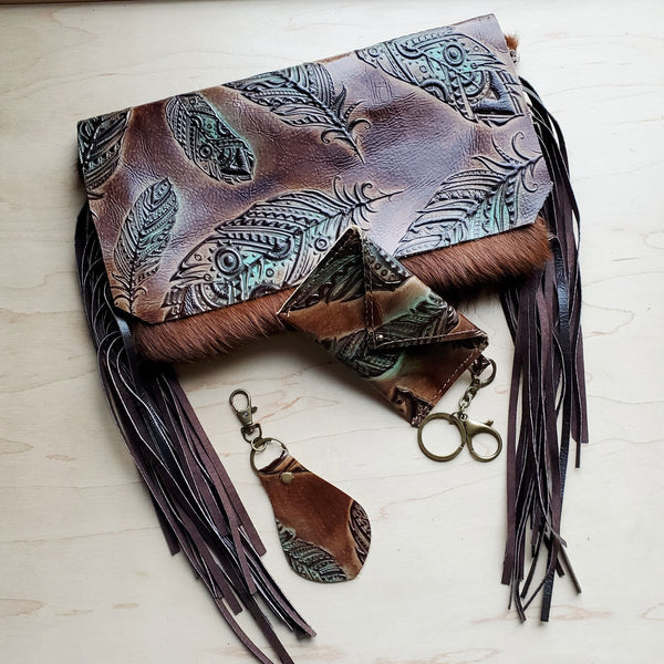 Hair on Hide Handbag w/ Turquoise Feather Flap - Amethyst & Opal