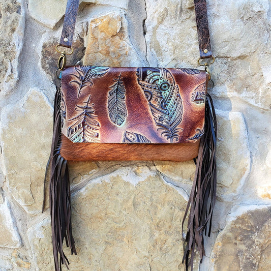 Hair on Hide Handbag w/ Turquoise Feather Flap - Amethyst & Opal