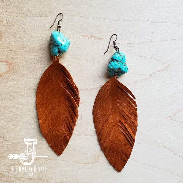 Tan Suede Feather Earrings with Turquoise Chunks - Amethyst & Opal