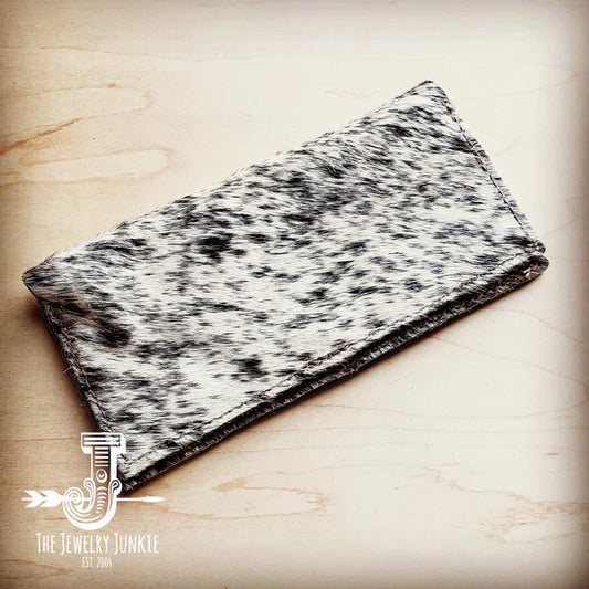 Hair-On Hide Leather Wallet in Grey & White w/ Snap - Amethyst & Opal