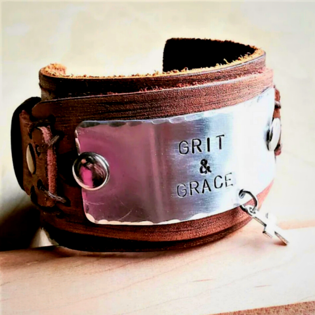 GRIT AND GRACE Distressed Leather Cuff - Amethyst & Opal