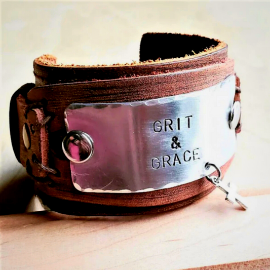 GRIT AND GRACE Distressed Leather Cuff - Amethyst & Opal
