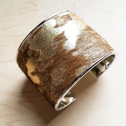 Hair-on-Hide Tan and Gold Metallic Leather Cuff Bangle Bracelet - Amethyst & Opal