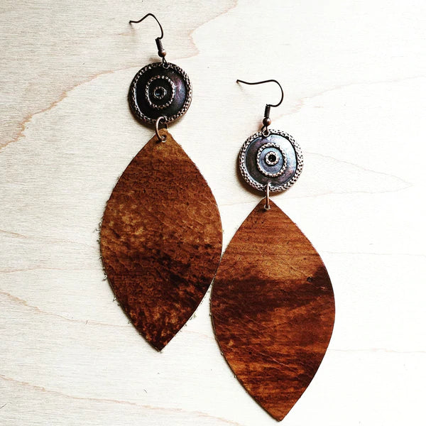 Leather Oval Earrings in Multi Colored Brown with Copper Accent - Amethyst & Opal