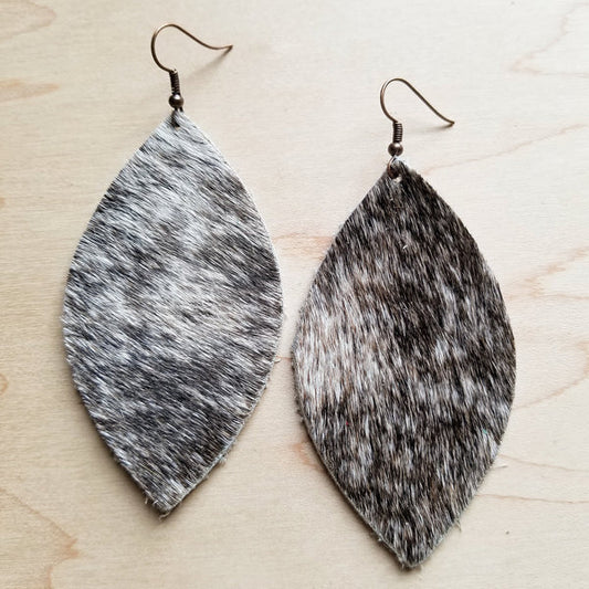 Leather Oval Earring-Tan, Brown, White Hair on Hide - Amethyst & Opal