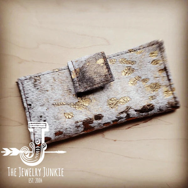 Hair-On Hide Leather Wallet in Cream & Gold w/ Snap - Amethyst & Opal