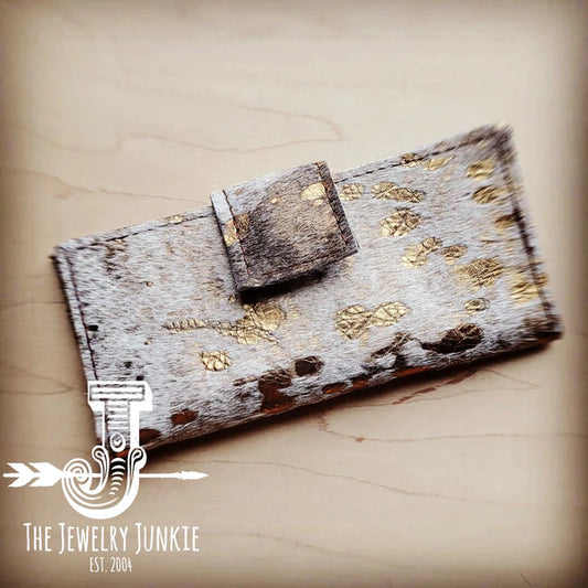 Hair-On Hide Leather Wallet in Cream & Gold w/ Snap - Amethyst & Opal