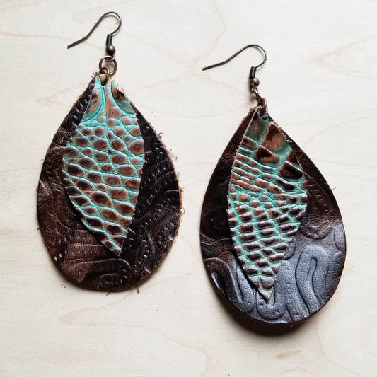 Leather Teardrop Earring-Brown & Turquoise Gator Accents - Amethyst & Opal