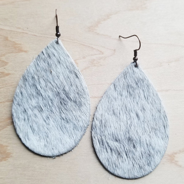 Leather Teardrop Earring-White & Gray Hair on Hide - Amethyst & Opal
