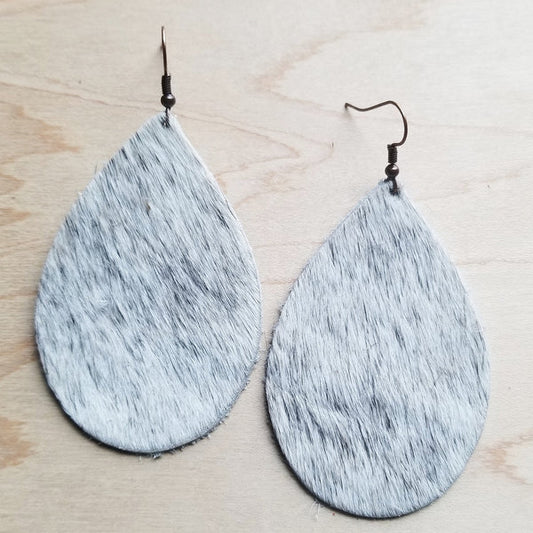 Leather Teardrop Earring-White & Gray Hair on Hide - Amethyst & Opal