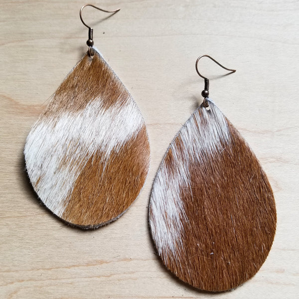 Leather Teardrop Earring-Tan & White Hair-On-Hide - Amethyst & Opal