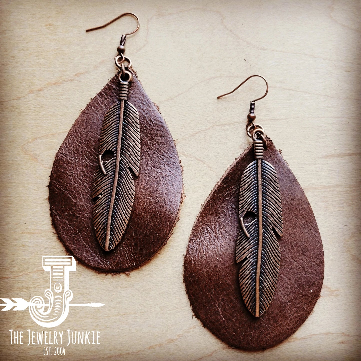 Leather Teardrop Earrings with Copper Feather - Amethyst & Opal