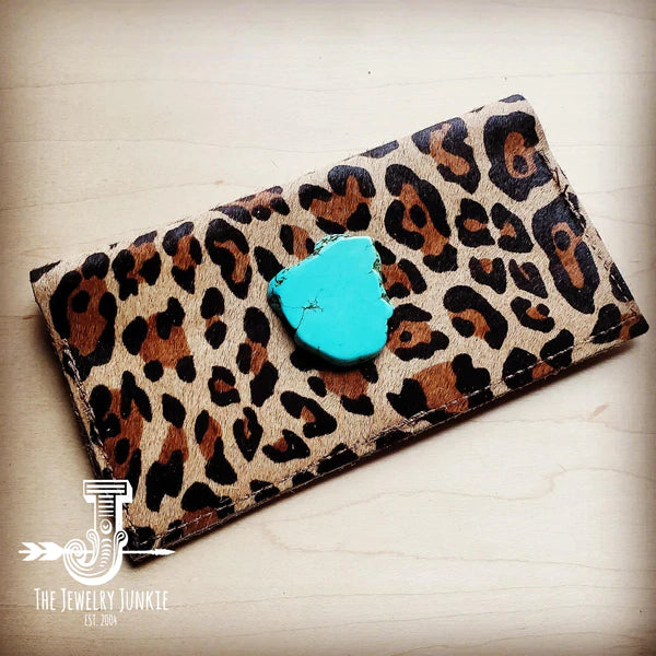 Hair-On Hide Leather Wallet in Leopard with Turquoise Slab w/ Snap - Amethyst & Opal
