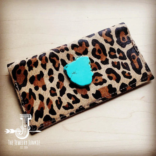 Hair-On Hide Leather Wallet in Leopard with Turquoise Slab w/ Snap - Amethyst & Opal