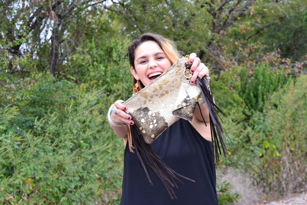 Mixed Metallic Hair on Hide Clutch Handbag w/ Leather Fringe - Amethyst & Opal