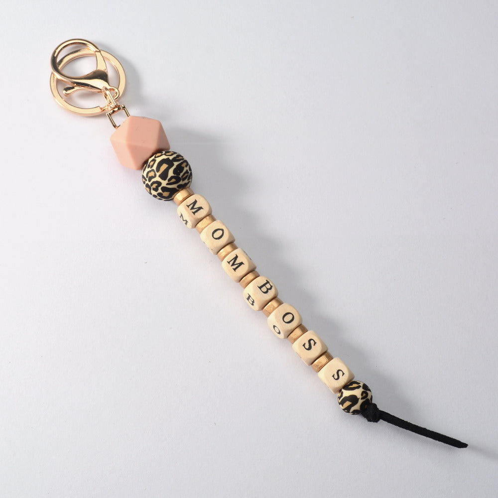 PINK LEOPARD BEADED MOMBOSS KEYCHAIN - Amethyst & Opal