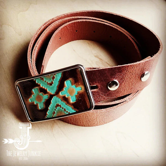 Navajo Leather Belt Buckle w/ Genuine Leather Belt - Amethyst & Opal