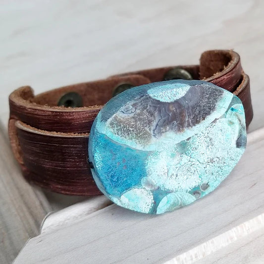 Narrow Leather Cuff with Ocean Agate Slab - Amethyst & Opal