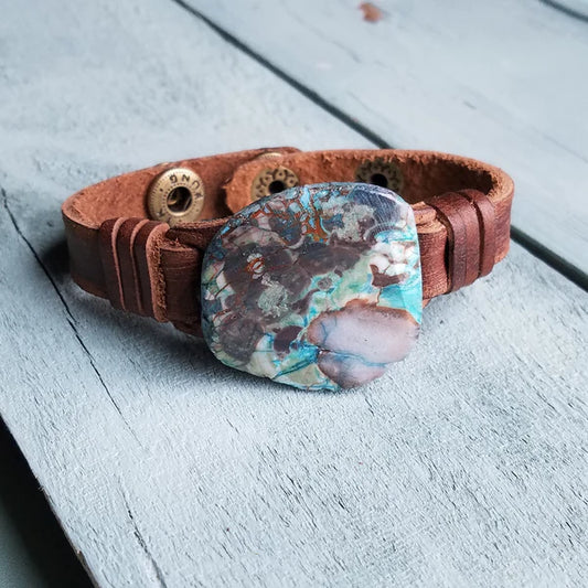 Narrow Leather Cuff with Ocean Agate Slab - Amethyst & Opal