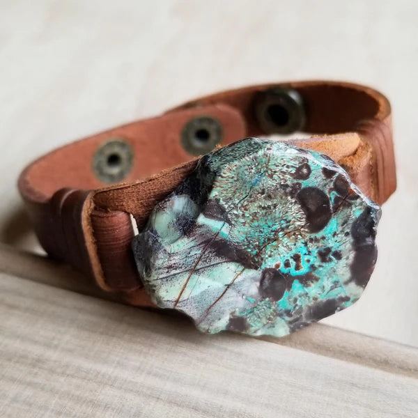 Narrow Leather Cuff with Ocean Agate Slab - Amethyst & Opal