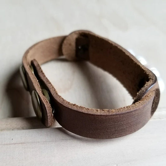 Dusty Leather Narrow Cuff with Genuine Freshwater Pearls - Amethyst & Opal