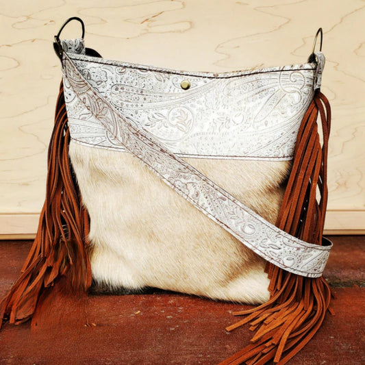 Tejas Leather Bucket Hide Handbag with Oyster Paisley Accent - Amethyst & Opal