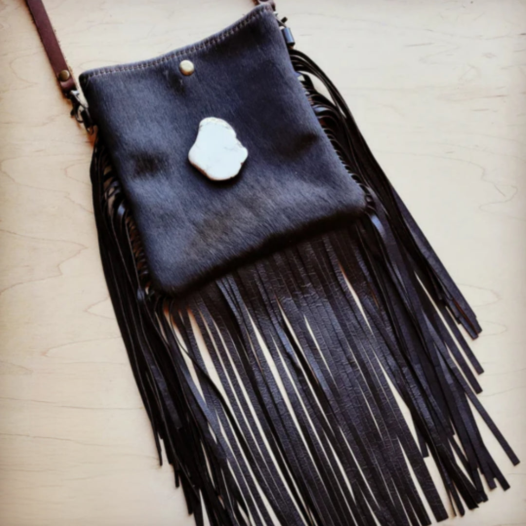 Small Crossbody Handbag w/ Black Hide Leather & White Slab - Amethyst & Opal