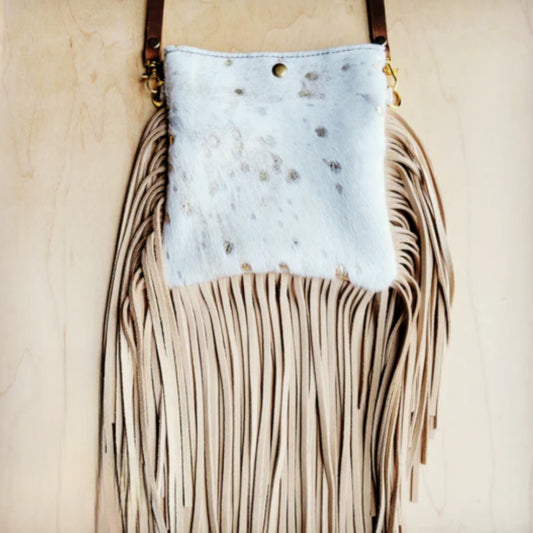 Small Crossbody Handbag w/ Cream Metallic Leather Full Fringe - Amethyst & Opal