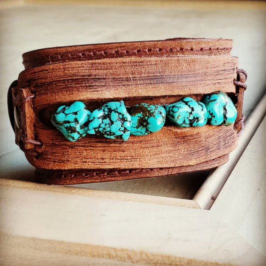 Dusty Leather Wide Cuff with Blue Turquoise Chunks - Amethyst & Opal