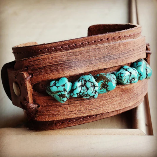 Dusty Leather Wide Cuff with Blue Turquoise Chunks - Amethyst & Opal