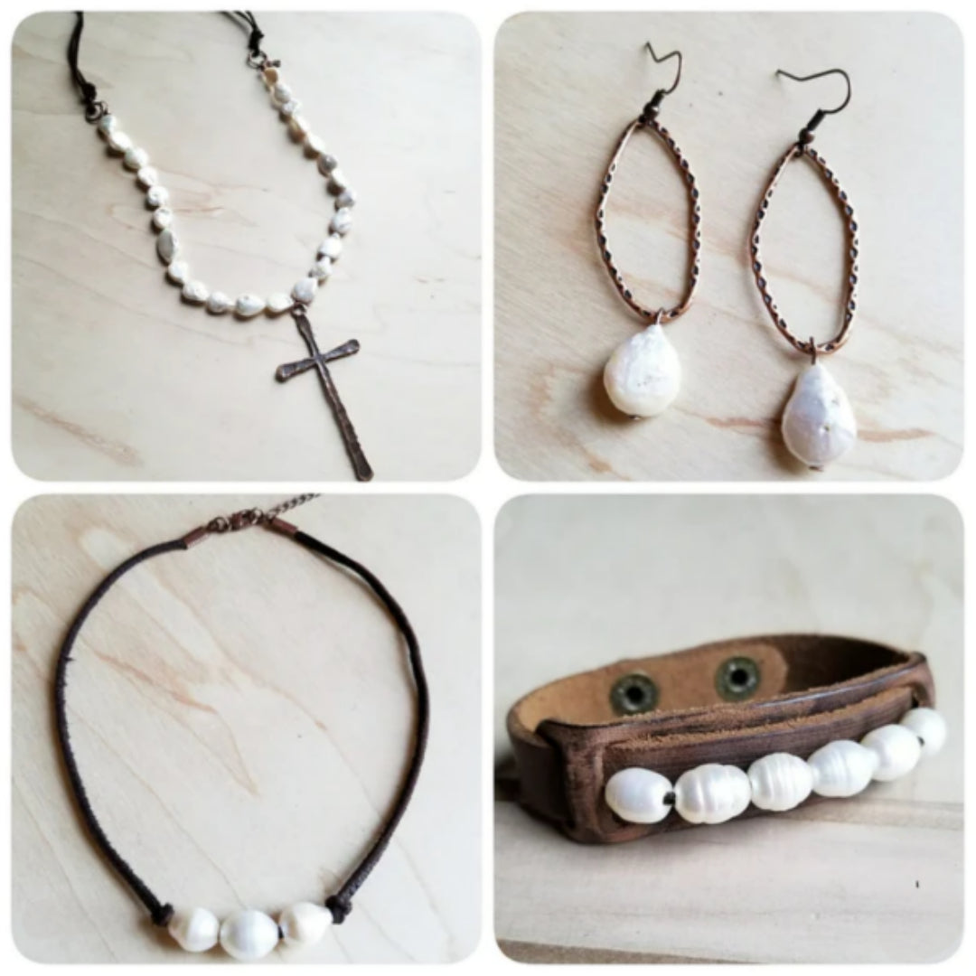 Dusty Leather Narrow Cuff with Genuine Freshwater Pearls - Amethyst & Opal