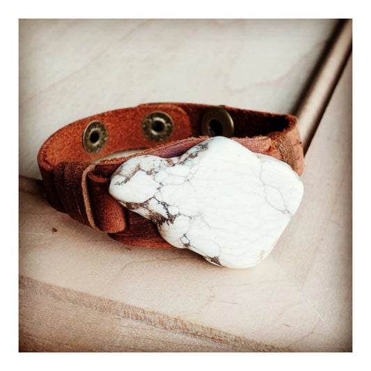 Narrow Leather Cuff with White Turquoise Slab - Amethyst & Opal