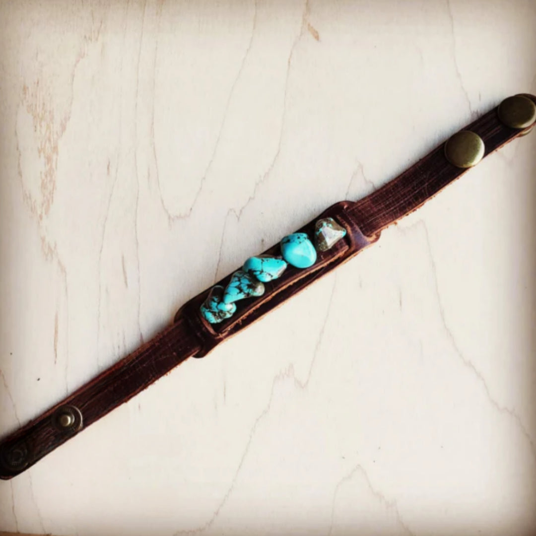 Dusty Leather Narrow Cuff with Blue Turquoise Chunks - Amethyst & Opal