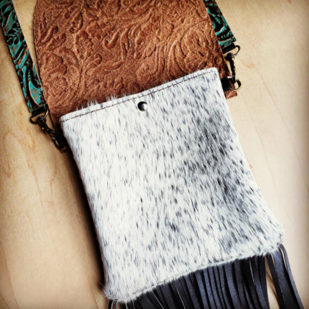 Small Crossbody Handbag Hair on Hide w/ Cowboy Leather Flap - Amethyst & Opal